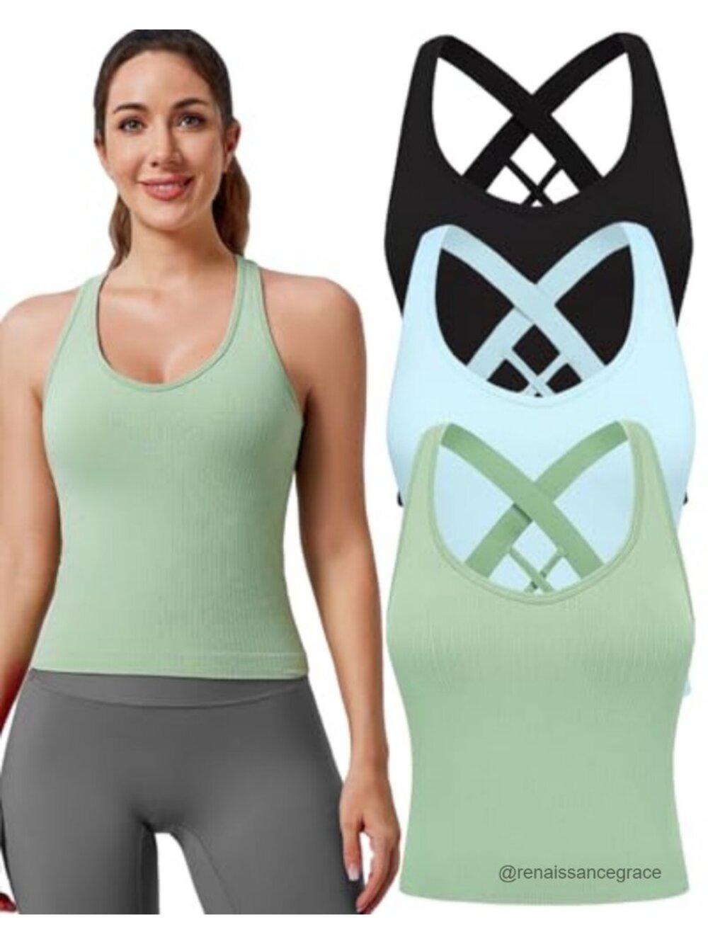 Seamless Strappy Yoga Crop Tank Top with Built-in Bra for Women